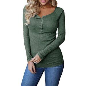 Women's Long Sleeve Ribbed Henley Shirt – Button-Down Casual Tunic Top